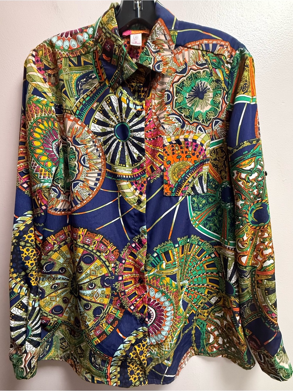 EUVC Multicolor Medallion Print Button Down Vintage Navy Blue Shirt Women’s S-M